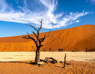 A vibrant desert landscape displays striking orange sand dunes, a blue sky with wispy clouds, and dead, dark trees