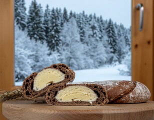Artisanal dark bread rolls with a rich, creamy filling, displayed on a wooden board against a picturesque snowy winter forest.