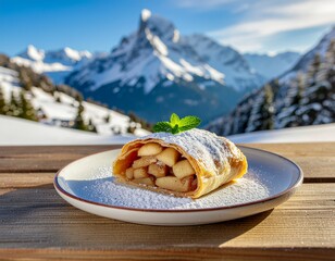 Apple strudel dusted with powdered sugar and garnished with mint on a plate, set against a backdrop of snow-covered mountains.