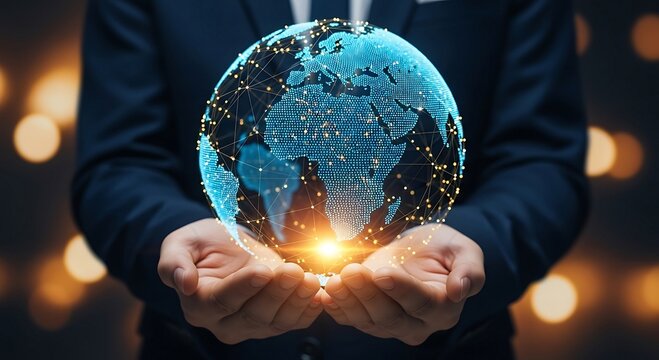 Businessman holding glowing digital globe in hands global network connection.