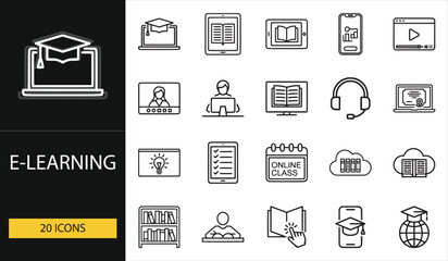 E-learning icon set for online classes, webinars, digital study, and distance education. Ideal for web, app, and academic UI designs