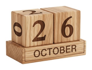 Wooden calendar blocks displaying october 26 home interior isolated on transparent background