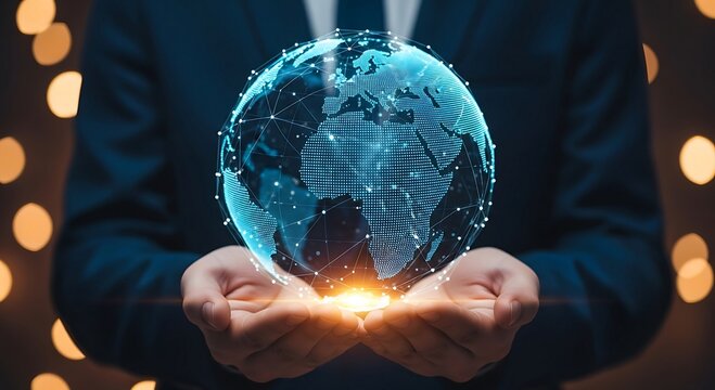 Businessman holding glowing digital earth globe in hands with bokeh lights. - Powered by Adobe