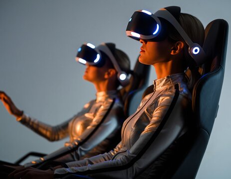 Futuristic women wearing virtual reality headsets in simulation chairs, concept of VR technology, immersive experience, and digital innovation