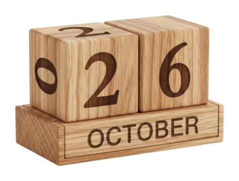 Wooden calendar blocks displaying october 26 home interior isolated on transparent background - Powered by Adobe