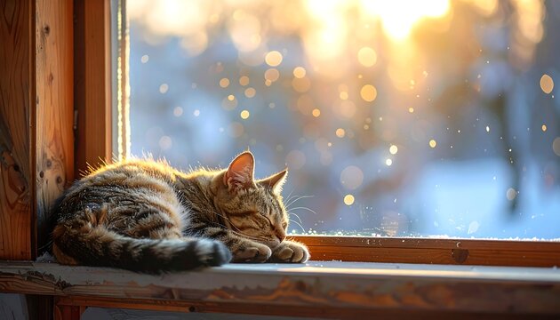 Tabby cat sleeps on a wooden window sill, bathed in warm sunlight against a blurred, snow-covered background