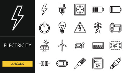 Electricity icons illustrating power, energy, circuits, solar, and batteries. Great for industrial, engineering, and renewable energy visuals