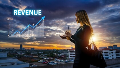 Modern Stylish Businesswoman Analyzing Revenue Growth Chart at Sunset