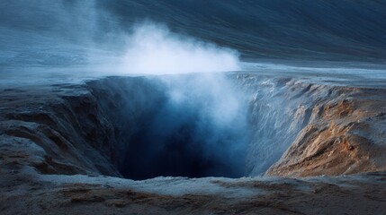 Fototapeta premium Large crater in the middle of a barren landscape. the crater appears to be deep and wide, with a deep hole in the center.