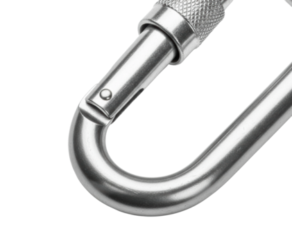 Adventure gear of a metal carabiner clip isolated on transparent background
