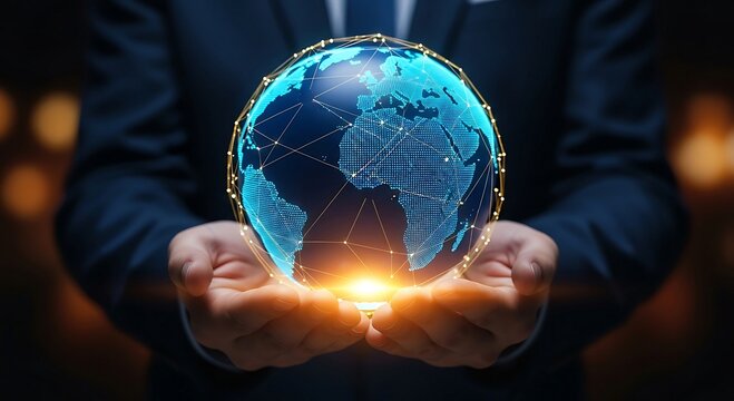 Businessman holding glowing digital earth globe in hands representing global business and technology.