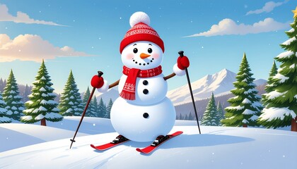Festive snowman skiing down snowy hill in winter wonderland landscape, perfect for holiday cheer and seasonal promotions, spreading joy and warmth this year