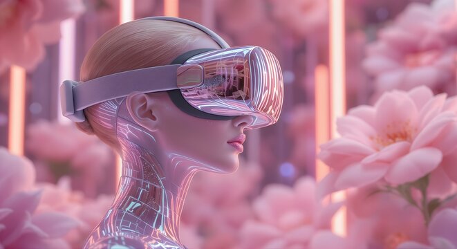 Futuristic Female Android Wearing Virtual Reality Headset Surrounded by Pink Flowers and Neon Lights in Soft Cyberpunk Sci Fi Environment - Powered by Adobe