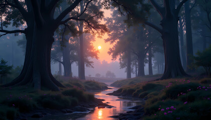 Serene forest sunrise with river and misty atmosphere