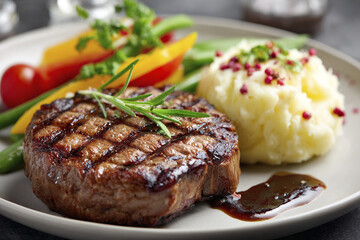 Delicious grilled beef steak sits on a plate alongside smooth mashed potatoes and vibrant vegetables. Perfect for a satisfying meal at any time of day