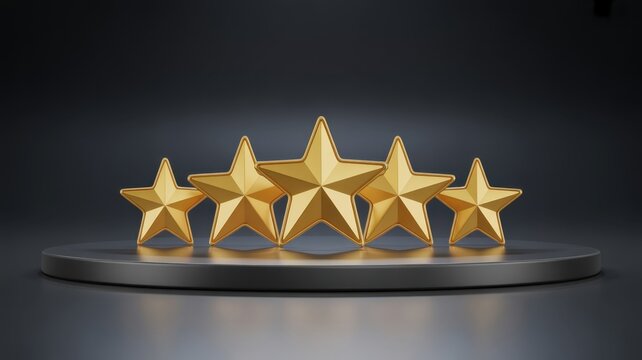 Golden Stars of Excellence: Five radiant, golden stars stand proudly on a sleek platform against a dark backdrop, symbolizing the pinnacle of achievement and top-tier quality. 