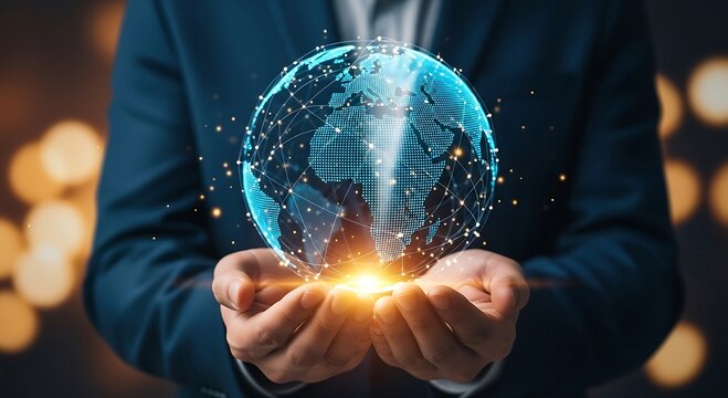 Businessman holding glowing digital earth globe in hands, global business network concept. - Powered by Adobe