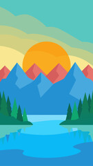 Landscape with mountains sun trees and water body