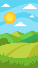 Fototapeta premium Cartoon landscape with rolling hills and bright sun