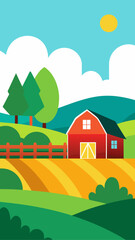 Naklejka premium Illustration of a farm with barn and fields in daytime
