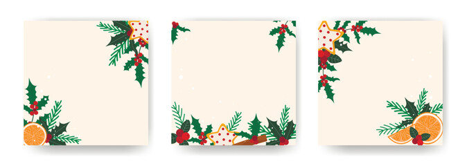 Set square templates for New Year's and Christmas design. Social media post layout with copy space. Festive, cozy, atmospheric layouts, vector graphics