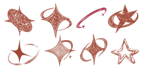 Elegant hand drawn swirly shooting star sticker, trendy tattoo design set.Star doodles hand drawn galaxy swirl icon or logo template.