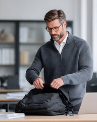 Middle-aged man packing backpack while working in modern office  