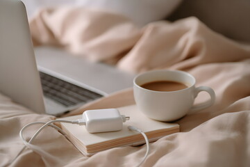Coffee mug and laptop charger on soft blanket in cozy bedroom  