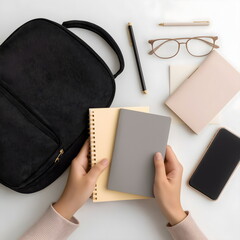 Hands packing bag with notebook, pen, and phone, tidy workspace