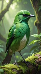 A vibrant, emerald-hued bird perches on a moss-covered branch within a lush, sun-dappled rainforest setting. The image is detailed and realistic