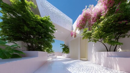 Fototapeta premium Modern and luxurious outdoor space with a white building on the left side. the building has a unique architectural design with a perforated facade and a curved roof.