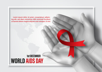 Poster illustration campaign of World AIDS day with awareness red ribbon on hand of human, wording of event and example texts on white frame and world map background. All in vector design