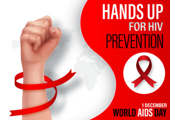 Concept poster campaign of world AIDS day with human hand up and awareness red ribbon, wording of event and example texts on world map and white background. All in vector design