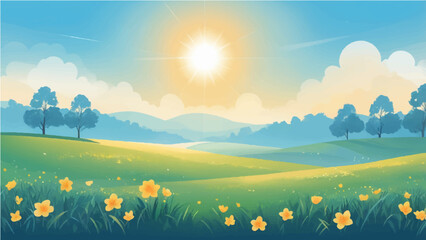 Summer landscape with grassy meadow under sunny sky and trees