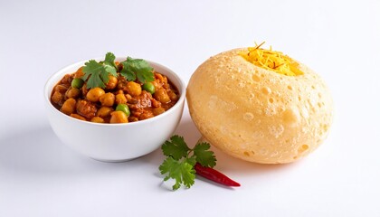 Delicious Indian Cuisine: Chickpea Curry with Fried Bread and Garnishes on a White Background