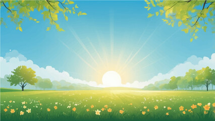 Summer landscape with grassy meadow under sunny sky and trees