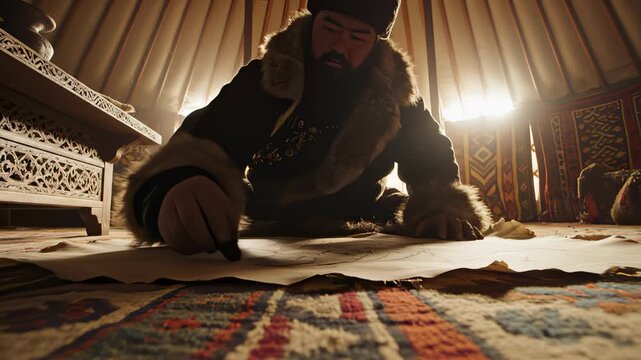 Mongolian Man Draws Map Inside Traditional Yurt Structure