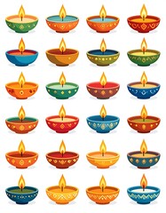 A vibrant, evenly spaced collection of twenty-five lit oil lamps. Each ceramic vessel holds a flickering flame and features decorative patterns