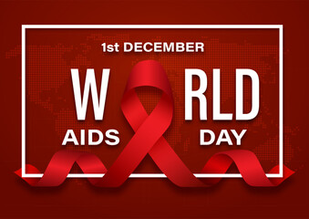 Poster illustration campaign of world AIDS day with the day and name of event, example text in white frame and red world map background. All in vector design