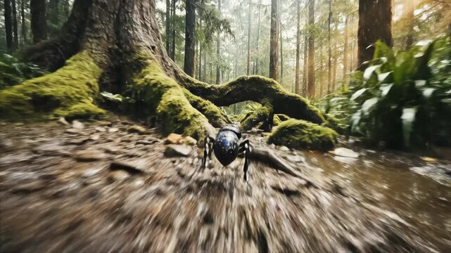 Tumblebug Rolling Over Wet Forest Floor After Rain. First-Person FPV  - Generative AI