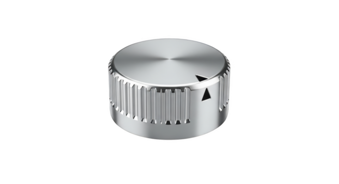 Silver metal rotary knob with ribbed edge and triangular indicator on black background dial