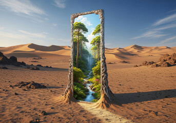 Surreal mirror portal opens lush forest in arid desert landscape