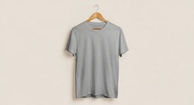 Plain grey t-shirt hanging on a wooden clothes hanger