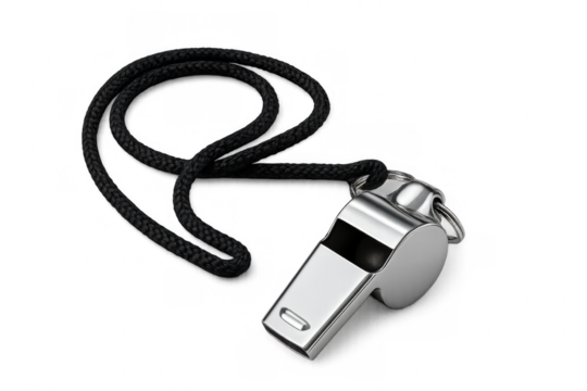 Whistle with black lanyard for sports, refereeing, and coaching, signalling authority and control on a transparent background