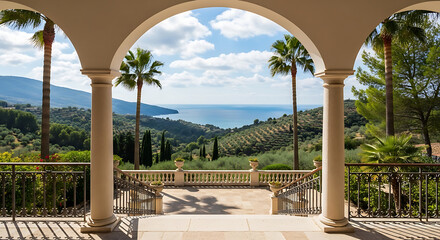 Elegant mediterranean villa terrace arches framing a serene coastal landscape with olive groves, palm trees, and a calm blue bay