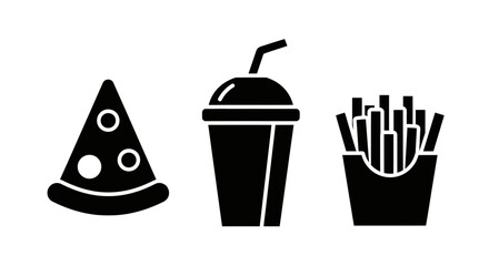 Quick snack icons featuring a pizza slice, drink cup, and french fries perfect for fast food and casual dining concepts.