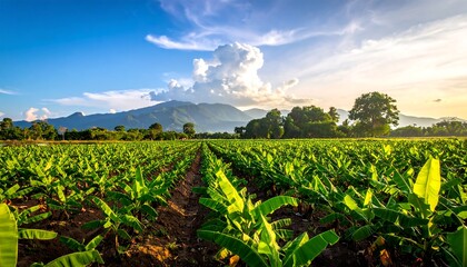 A vibrant, expansive farm field planted with rows of green, leafy plants under a clear, sunlit sky, mountains in the distance