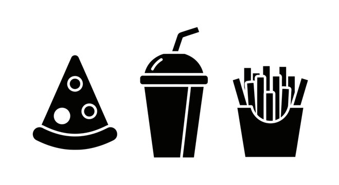 Quick snack icons featuring a pizza slice, drink cup, and french fries perfect for fast food and casual dining concepts.