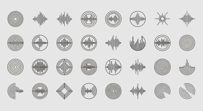 Dynamic sound wave and ripple icons set perfect for audio technology branding and creative projects