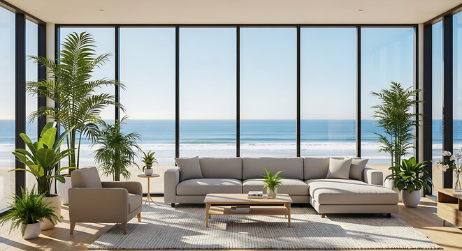 Modern interior living room with beige sectional sofa, lush green plants, and panoramic windows overlooking a serene ocean.